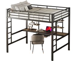 Merax Metalen Hoogslaper - Stapelbed - 140x200 cm met Bureau en Boekenplanken - Tweepersoonsbed met Opbergruimte - Zwart