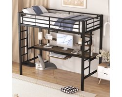Merax Metalen Hoogslaper - Stapelbed - met Bureau en Boekenplanken - 90x200 cm - Kinderbed Eenpersoonsbed - Zwart