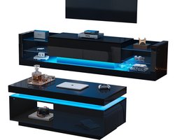 Merax Meubelset met LED Verlichting – TV-Meubel 181 cm met Salontafel – Zwart Hoogglans