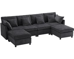 Merax Modern Chenille Hoekbank met Afneembare Voetenbank - L-vormige en U-vormige Modulaire Sofa - 6 Zitsbank met 6 Kussens - Grijs - 278x161x81 cm
