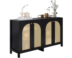 Merax Modern Dressoir - 4-Deurs Zwart Sideboard met Rotan Deuren en Metalen Handgrepen - Buffetkast - 145x40x80 cm - Opbergkast Woonkamer / Eetkamer