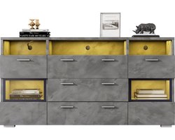 Merax Modern Sideboard 140 cm - Grijs - met LED-Verlichting en Transparante Acrylturen - 2 Deuren - 3 Lades en Open Opbergruimte - Onderkast - Stauschrank - Sideboard