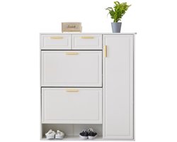 Merax Moderne Schuhschrank, mit verstellbaren Regalen, goldenen Griffen, Schubladen, Klappschuhschrank und Türen, weiß, B95/D24/H107.5