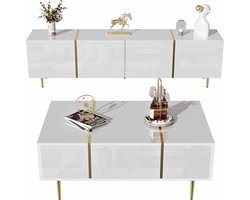 Merax Moderne TV-Meubel en Salontafel Set - Hoogglans Wit met Gouden Accenten