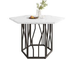 Merax Moderne Zeshoekige Eettafel – Elegante Marmerlook – Zwarte Metalen Onderstel in Uniek Design