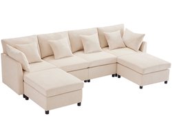 Merax Modulaire Hoekbank Met 2 Voetenbanken - U-Of L-Opstelling - Chenille Bekleding - 6 Zitplaatsen - 6 Kussens - Beige