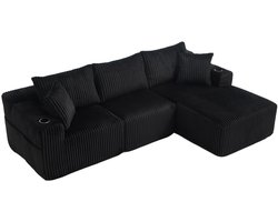 Merax Modulaire Hoekbank met Chaise Longue - 2-zits Sofa - Zachte Ribfluwelen Stof - 5 Kussens - Zijvakken en Bekerhouders - Hoge Dichtheid Schuimvulling - Ideaal voor Woonkamer of Appartement - Zwart