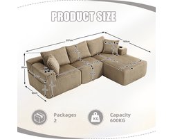 Merax Modulaire Hoekbank Met Chaise Longue - 3 Zits Bankstel - Ribstof Bekleding - 5 Kussens - Bekerhouder - Opbergvakken - Zonder Montage - Zandkleur