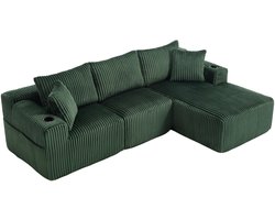 Merax Modulaire Hoekbank Met Chaise Longue - Ribstof Bankstel - 3 Zitplaatsen - Met Bekerhouder En Opbergvakken - Donkergroen