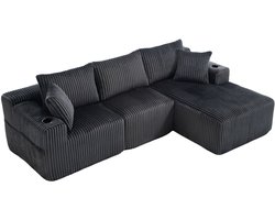 Merax Modulaire Hoekbank Met Loungegedeelte En 2-Zits - Ribstof - 5 Kussens - Zijvakken - Bekerhouders - Grijs