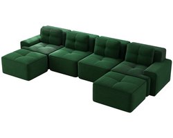 Merax Modulaire Hoekbank - U-vormige Bank 4 Zits - Corduroy Loungebank - Diepe Zit Cloud Sofa - Montagevrije Zitbank met Chaise Longue - Groen