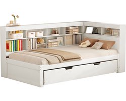 Merax Multifunctioneel Eenpersoonsbed 90x200 cm met USB-aansluiting en Opbergruimte – Wit Massief Houten Bed met Extra Uitschuifbaar Logeerbed