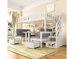 Merax Multifunctionele Hoogslaper of Stapelbed 90x200 cm met Opbergruimte in Trap – 2-in-1 Bed en Tafel met Zitvlak - Veilig Kinderbed Wit