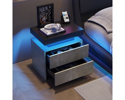 Merax Nachtkastje met LED-verlichting - Modern Grijs Houten Nachtkastje met 2 Lades en Instelbare LED-kleuren voor Slaapkamer/Woonkamer