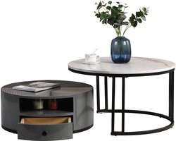 Merax Nesting Salontafel Set – 2-delig – PVC Marmerlook in Zwart en Grijs – Met Opbergruimte en Verstelbare Poten – Moderne Design Tafelset