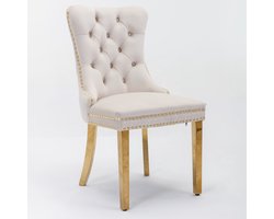 Merax Nikki Collection Eetkamerstoelen - Set van 2 - Luxe Fluwelen Stoelen met Hoge Rugleuning - Beige Bekleding - Gouden Stalen Poten - Klassiek Design met Nagelstuds