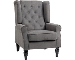 Merax Oorfauteuil Donkergrijs – Relaxstoel met Hoge Rugleuning en Knoopdetails – Comfortabele Fauteuil met Houten Poten – 74x86x102 cm – Voor Woonkamer en Slaapkamer