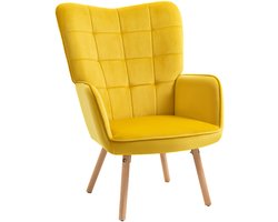 Merax Oorfauteuil Geel - Loungestoel met Armleuningen - Houten Poten - Fluweelzachte Bekleding - Hoge Rugleuning - Relaxstoel voor Woonkamer of Slaapkamer