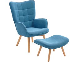 Merax Oorfauteuil Met Voetenbank - Hoge Rugleuning - Cordlook - Blauw - Houten Poten - 72 X 80 X 101 Cm - Belastbaar Tot 150 Kg