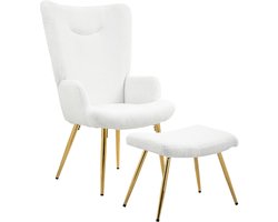 Merax Oorfauteuil Met Voetenbank - Witte Fauteuil Met Wollige Bekleding Hoge Rugleuning Armleuningen En Goudkleurige Stalen Poten - Voor Woonkamer En Slaapkamer