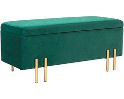 Merax Opbergbank 100x40x42 cm – Groen Fluwelen Zitbankje met Opbergruimte – Bed Hocker - Voetenbank – Gouden Metalen Poten