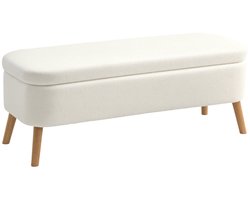 Merax Opbergbank met 65 L Opbergruimte - Comfortabele Fleece Zithocker met Schuimvulling - Houten Poten - Voetenbank en Bankje voor Woonkamer of Slaapkamer - Creme Wit - 220 kg