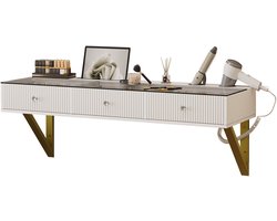 Merax Ophangbare Kaptafel 120 cm met Glazen Blad en 3 Lades – Make-up Tafel Zwevend met Tablethouder en Bekerhouders – Wit