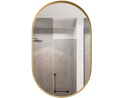 Merax Ovale Spiegelkast – Luxe Wandkast met Metalen Frame – Spiegelkast met Verstelbare Planken – Inbouw of Opbouw – Goud – 85×51.5×12 cm