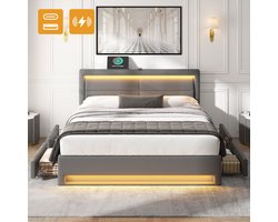Merax Polsterbett 140 x 200 cm, mit USB-Anschluss (unterstützt kabelloses und kabelgebundenes Laden), mit LED-Beleuchtung und vier Schubladen, ohne Matratze, PU-Litschi-Muster , Grau[OLD SKU:3256256AAG]