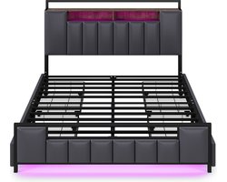 Merax Polsterbett 140*200 cm, Multifunktionsbett mit LED-Licht, mit USB-Steckdose, mit Schubladen, Bettgestell aus massivem Eisen, Jugendbett, Erwachsenenbett, Doppelbett, Kunstleder, Grau