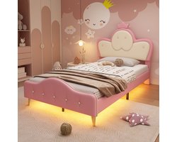 Merax Polsterbett, Kinderbett, mit weichen Schutzkanten, Monochromer LED-Streifen, Kopfteil mit Krone, Bettfüße aus Metall, Wellenform mit Zugpunkt am Kopfende des Bettes, Einzelbett, PU, Rosa+Weiß,90x200CM