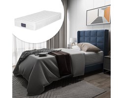 Merax Polsterbett Mit seinem gepolstertes Kopfteil Einzelbett mit Lattenrost, 90x200cm ,in Blau Leinen, mittelfest (Mit Federkernmatratze)