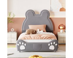 Merax Polsterbett Schönes Kinderbett, 90 x 200 cm, Bärenform. Einzelbett aus hautfreundlichem Velours, grau