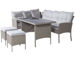 Merax Poly Rattan Tuinset – 7-persoons Loungeset met Eettafel – Weerbestendig Wicker Tuinmeubelset – Inclusief Kussens & Hockers – Afneembare en Wasbare Kussenhoezen – Khaki