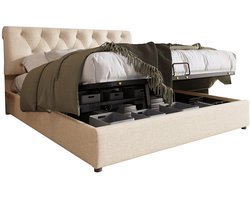 Merax Queensize Bed 160x200 met Hydraulische Opbergruimte – Tweepersoonsbed met Verstelbaar Hoofdbord – Beige