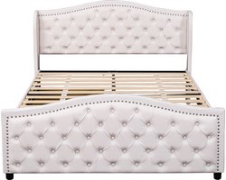 Merax Queensize Tweepersoonsbed 160x200 cm - Kunstleer Gestoffeerd Bed met Lattenbodem en 2 Laden Bedframe met Decoratieve Hoofdbord met Nieten - Wit