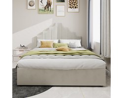 Merax Queensize Tweepersoonsbed 160x200cm met Comfortabel Hoofdbord en Hydraulische Opbergruimte – Beige