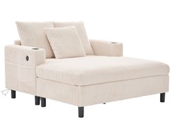 Merax Relaxfauteuil - Grote Chaise Longue met USB Oplaadpunten en Bekerhouders - Luxe Ligstoel met LED Verlichting en Kussens - Corduroy Fauteuil voor Woonkamer en Slaapkamer - 142x128x85 cm - Beige