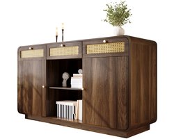 Merax Retro Dressoir 120x40x85 cm – Kast met Rattan 3 Lades en Gouden Handgrepen – 2 Vakken met Verstelbare Planken - Bruin