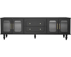 Merax Retro TV Meubel 175 cm – Zwart met Geribbeld Glas in Deuren en Gouden Handgrepen – Kast met 2 Lades