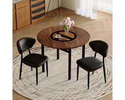 Merax Rond Eettafelset - Ø100 Cm Eettafel Met Glas Inleg En Glazen Onderblad - 2 Zwarte PU Eetkamerstoelen Met Gebogen Rugleuning - Bruin-Zwart