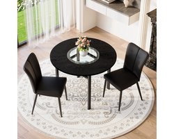 Merax Rond Eettafelset - Ø100 Cm Ronde Eettafel Met Glas Inleg En Glazen Onderblad - 2 Zwarte PU Eetkamerstoelen Met Metalen Poten - Zwart