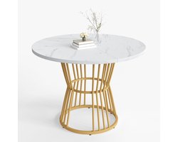 Merax Ronde Eettafel – Wit met Goud – Ø100 cm – Marmerlook MDF – Stabiel Metalen Onderstel – Moderne Eettafel