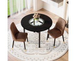Merax Ronde Eettafelset Ø100 cm - Zwarte Tafel In Houtlook Met Glas Inleg & Glazen Onderblad - 2 Bruine Eetkamerstoelen In Tech-stof - Zwart Metalen Poten