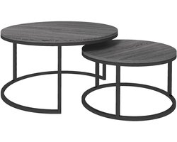 Merax - Ronde Salontafel Set Van 2 - Stapelbare Bijzettafels Met Houtlook Blad En Zwart Metalen Frame - Industrieel Koffietafelset Voor Woonkamer Of Slaapkamer - 78x78x46 Cm