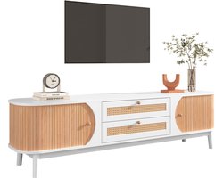 Merax Rotan TV Meubel van Hout - Kast met Schuifdeuren en Lades - Wit met Bruin