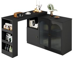 Merax Roterende Bartafel 120x40x97 cm – Zwarte Barkast met Glazen Deuren – 360° Draaibaar – Moderne Opbergkast met Open Vakken