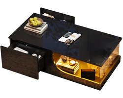 Merax Salontafel 100x50x30 cm - Zwarte Hoogglans Koffietafel met 2 Lades en LED Verlichting - Tafelpblad van Gehard Glas - Moderne Woonkamertafel van MDF - Design Bijzettafel met App-besturing