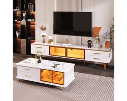 Merax Salontafel en TV Meubel Set Marmerlook – Luxe Woonkamer Meubels met LED-Verlichting – Gouden Accenten en Gehard Glas – Wit – 2-delig