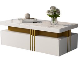 Merax Salontafel met Hoogglans Marmerlook – 100x50x40 cm – Moderne Rechthoekige Tafel met 2 Houten Lades – Witte Bijzettafel met Gouden Rand